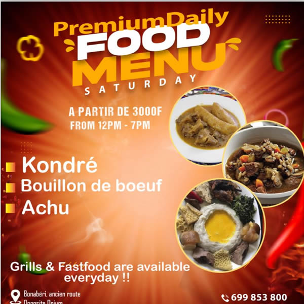 Menu du Samedi : Kondrè de chèvre, Achu yellow soup / taro sauce jaune, Bouillon de viande de beouf...