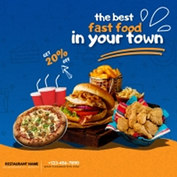 Fast-food : pizza, soda, fries, steak...